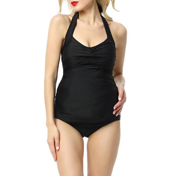 Kimi + Kai Maternity Swimsuit Womens L Black Nancy Tie Halter One Piece NWT - Picture 1 of 7